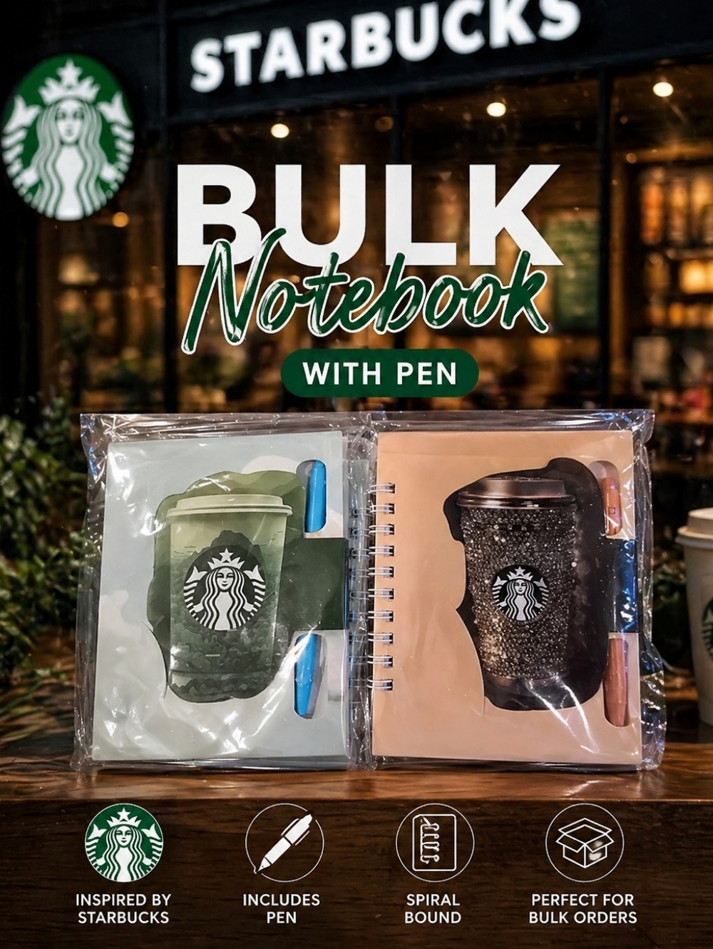 Starbucks-Inspired Bulk Spiral Notebooks with Pen - Assorted Green & Pink